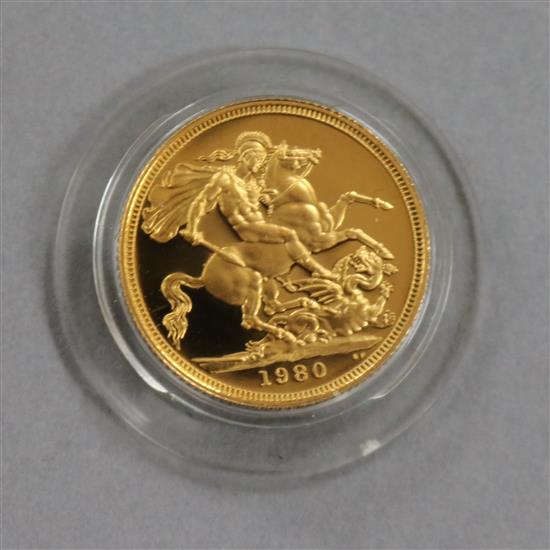 A 1980 gold proof full sovereign.